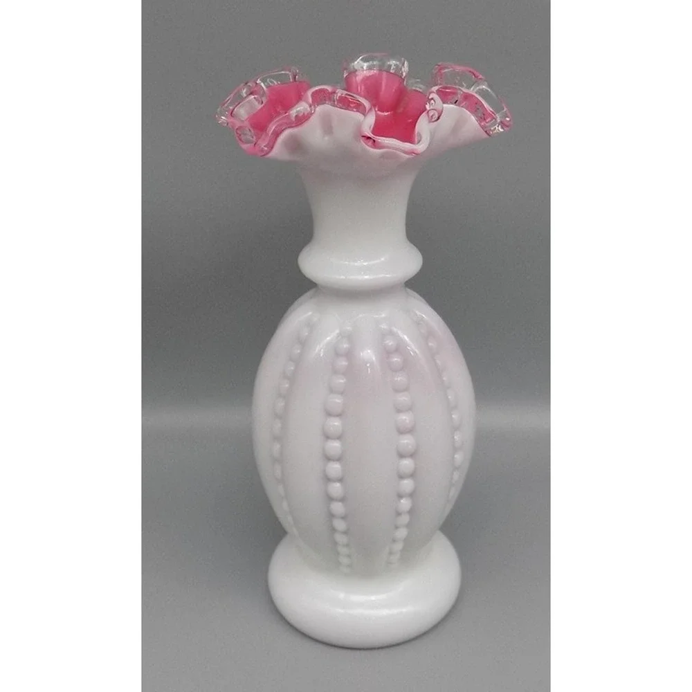 Rare Fenton Vase Peach Crest Double Crimped Beaded Melon 50's Cased 8 3/4
